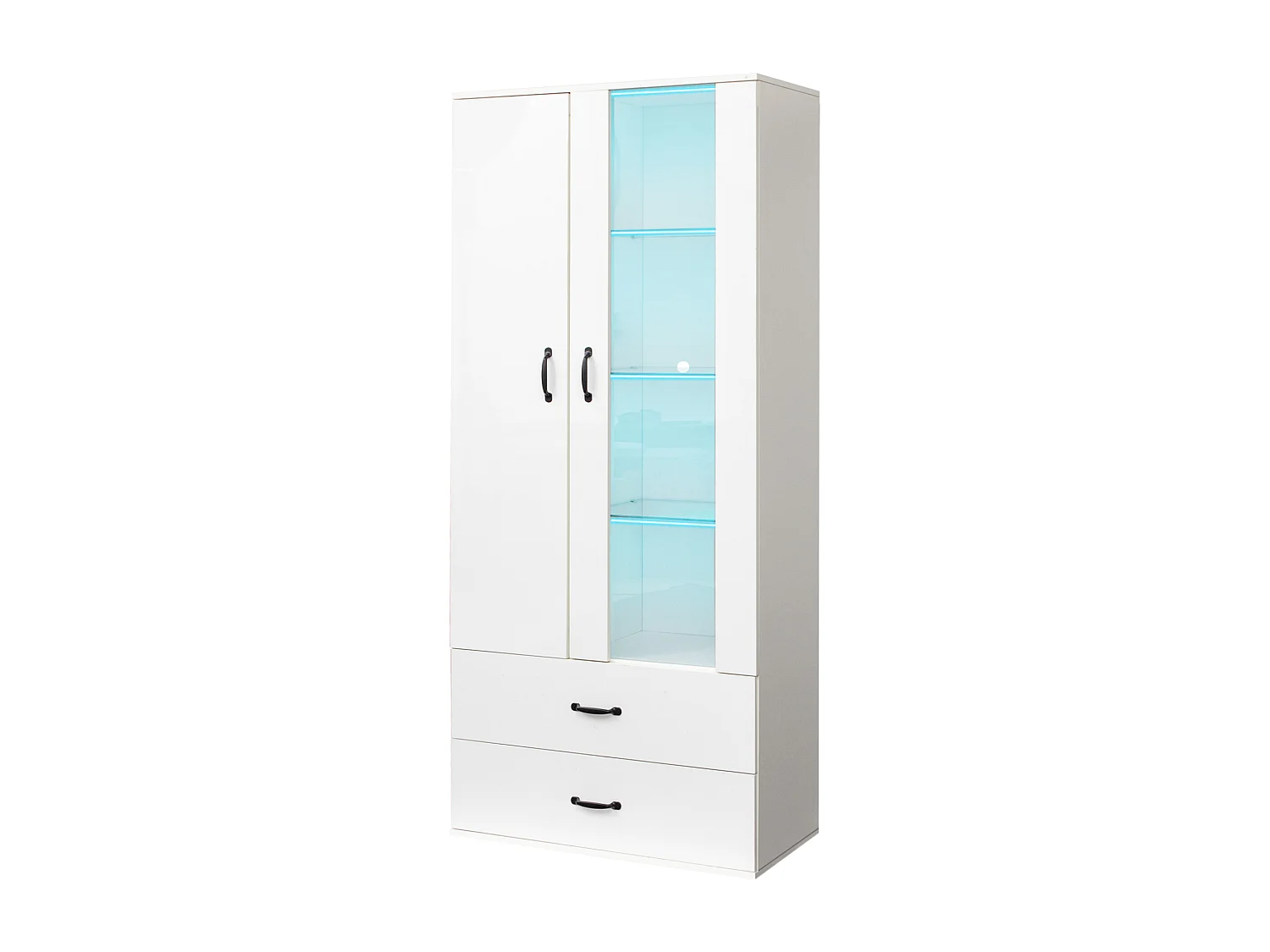 Vitrine avec 2 porte et 2 tiroirs et LED - Hauteur 180cm - Blanc