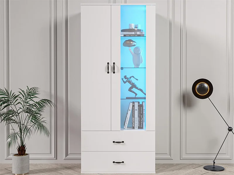 Vitrine avec 2 porte et 2 tiroirs et LED - Hauteur 180cm - Blanc
