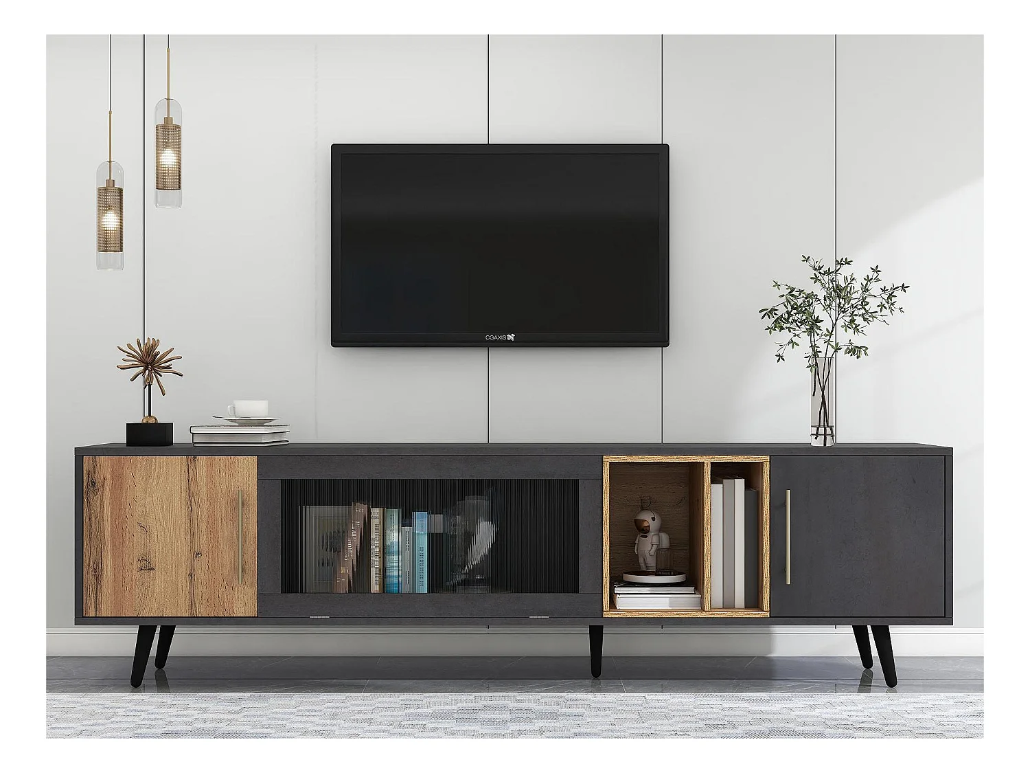 Meuble TV 200cm - adapté pour TV 90" - avec grand espace de rangement - Gris