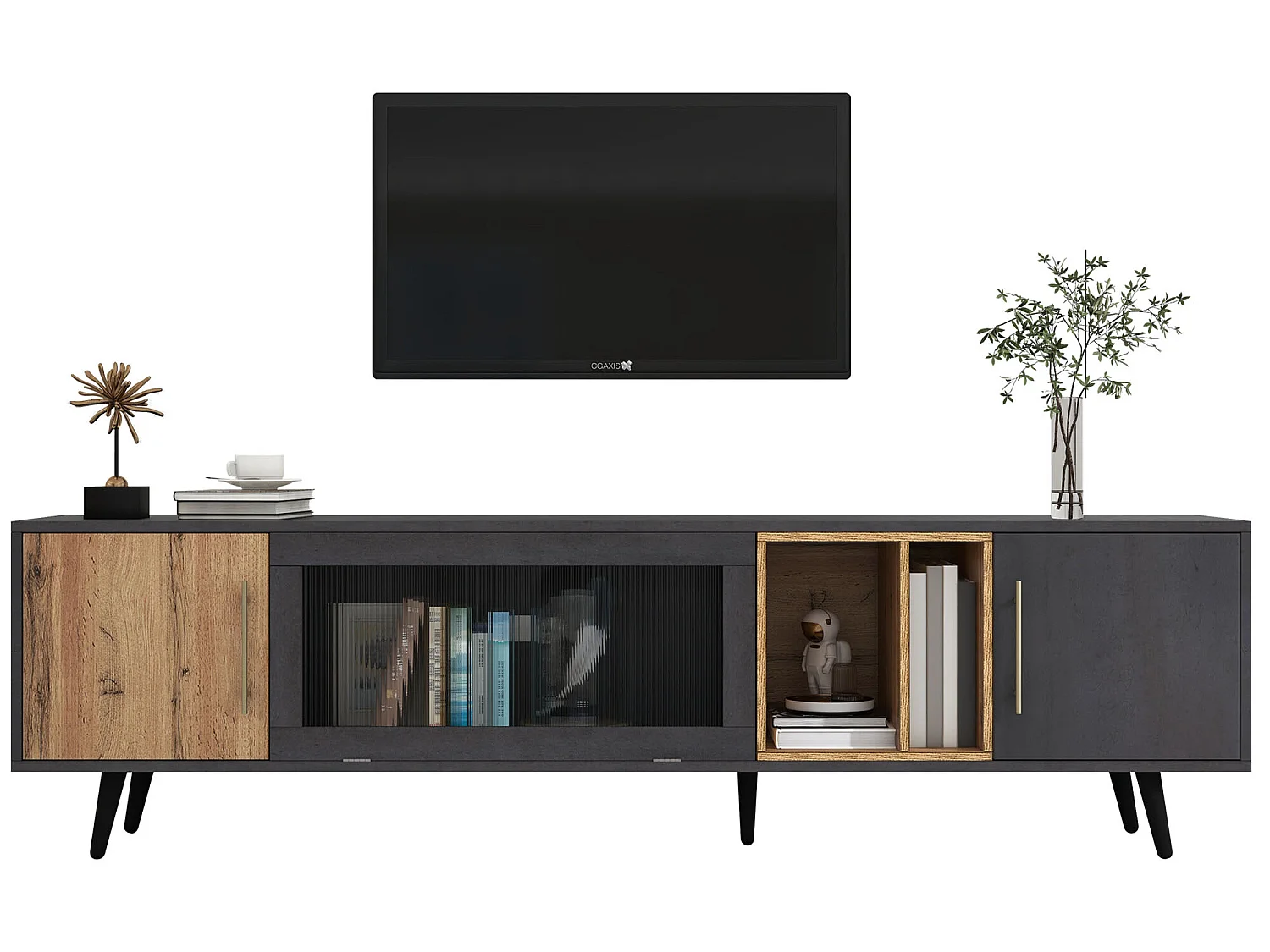 Meuble TV 200cm - adapté pour TV 90" - avec grand espace de rangement - Gris