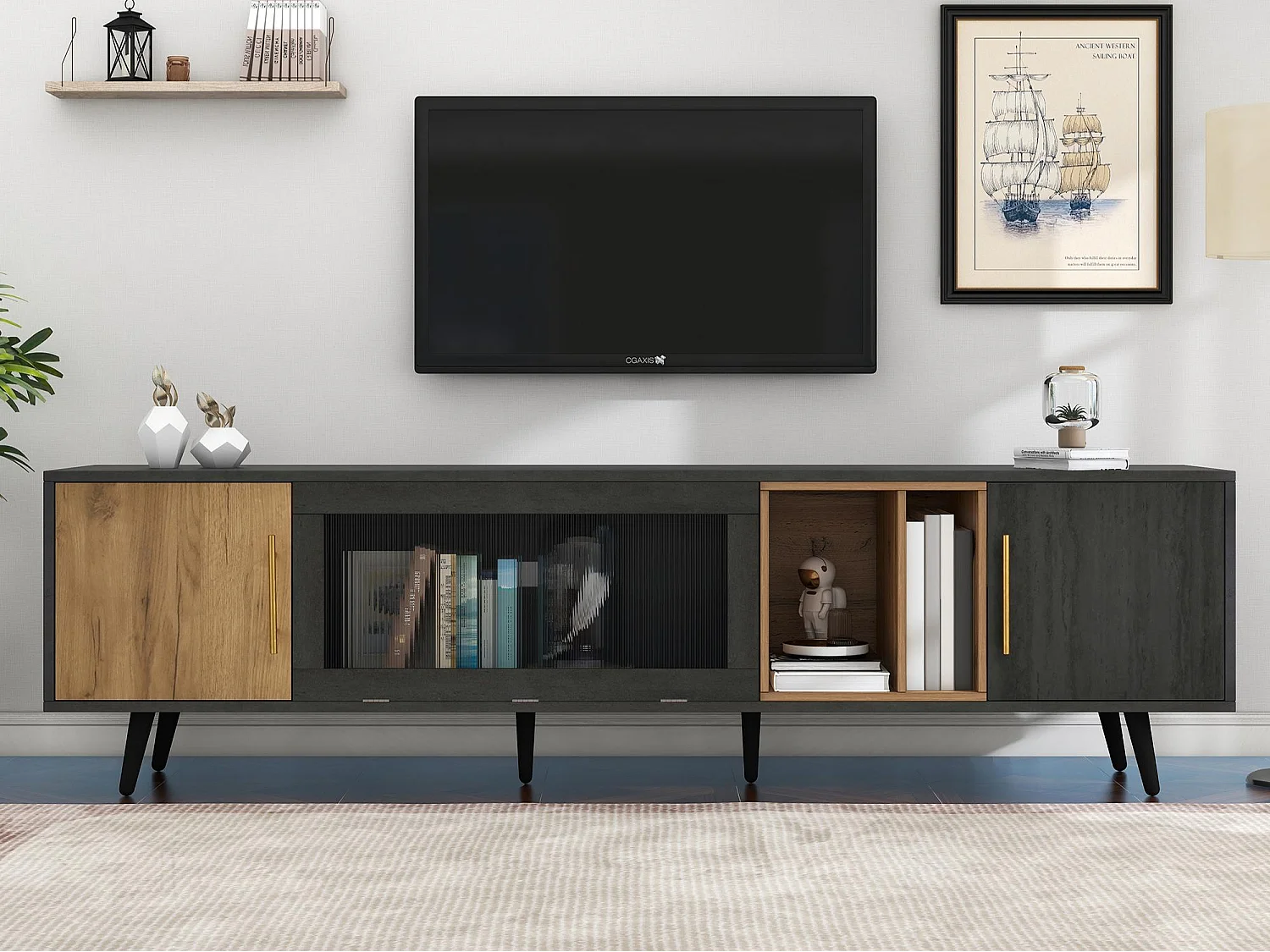 Meuble TV 200cm - adapté pour TV 90" - avec grand espace de rangement - Gris