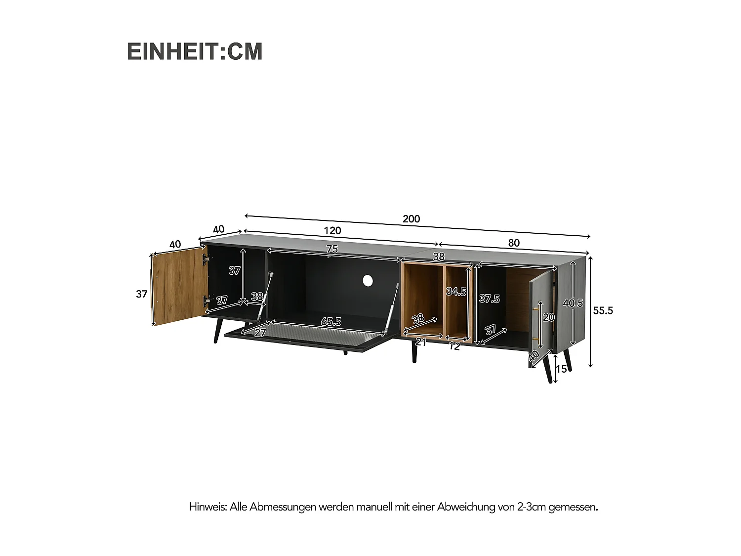 Meuble TV 200cm - adapté pour TV 90" - avec grand espace de rangement - Gris