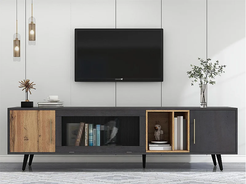 Mobile TV da 200 cm - adatto per TV da 90" - con ampio spazio di archiviazione - Grigio