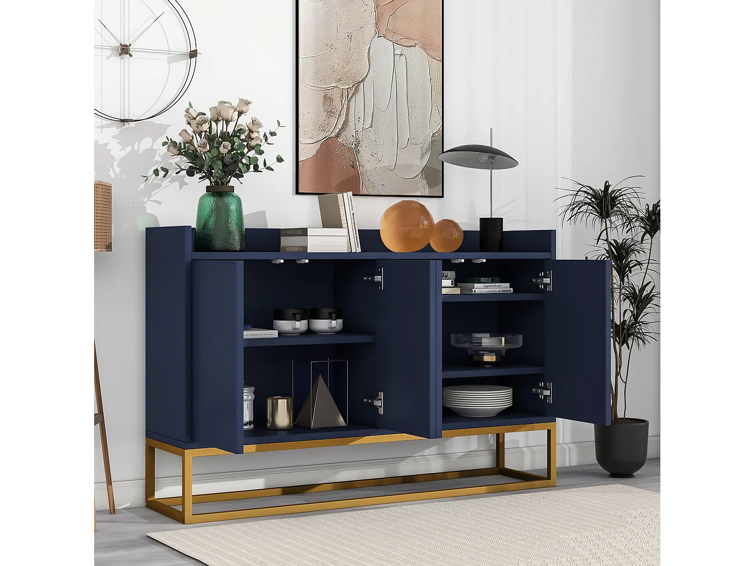 Buffet avec 4 portes sans poignée - style contemporain - bois + métal - bleu