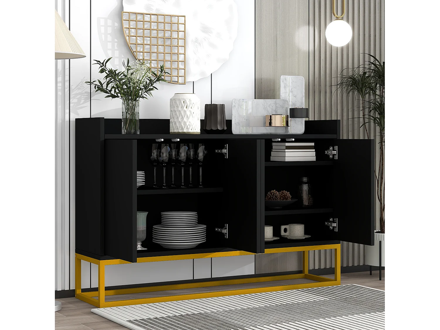 Sideboard mit 4 Türen ohne Griff – zeitgenössischer Stil – Holz + Metall – Schwarz