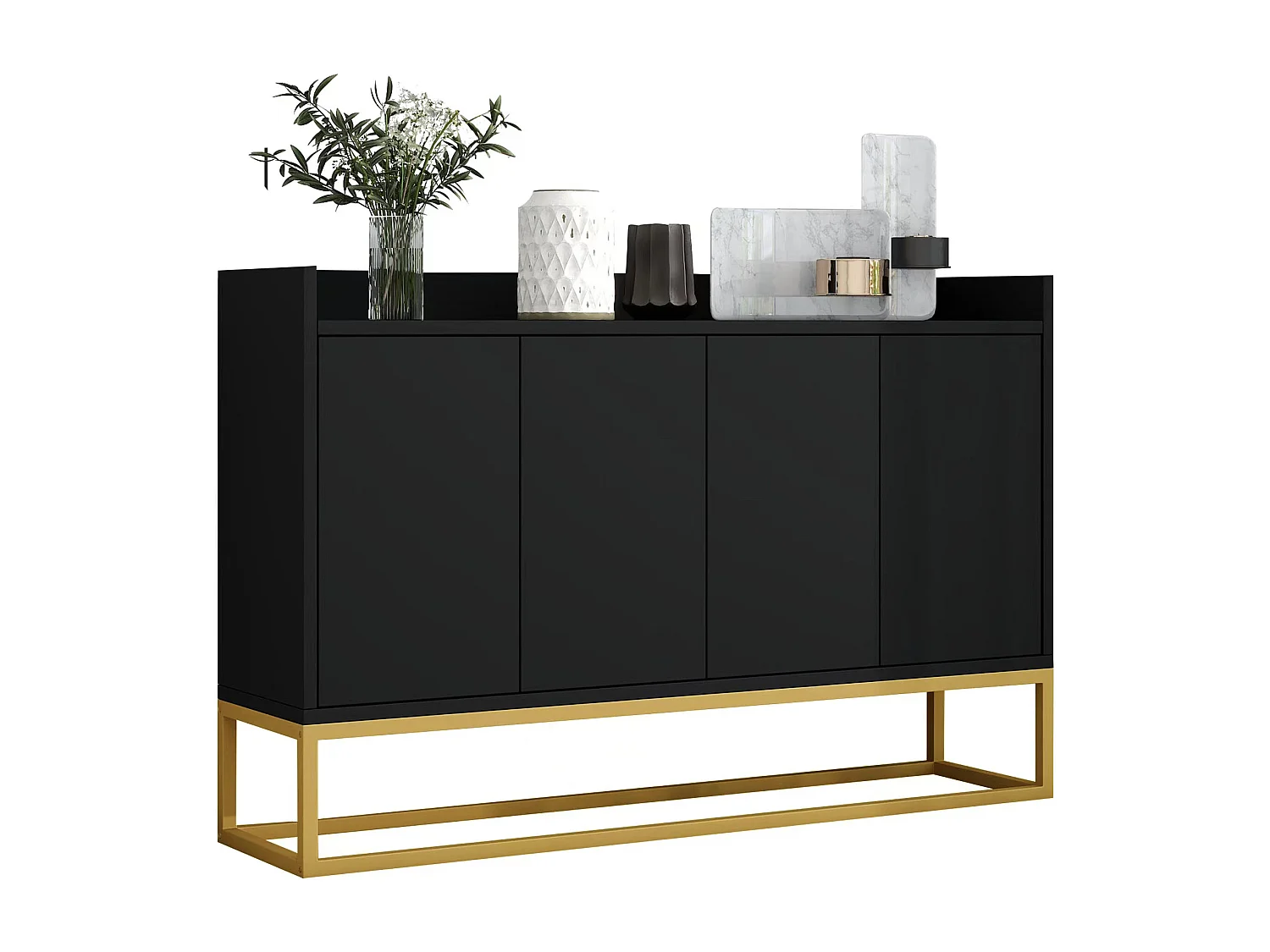 Sideboard mit 4 Türen ohne Griff – zeitgenössischer Stil – Holz + Metall – Schwarz