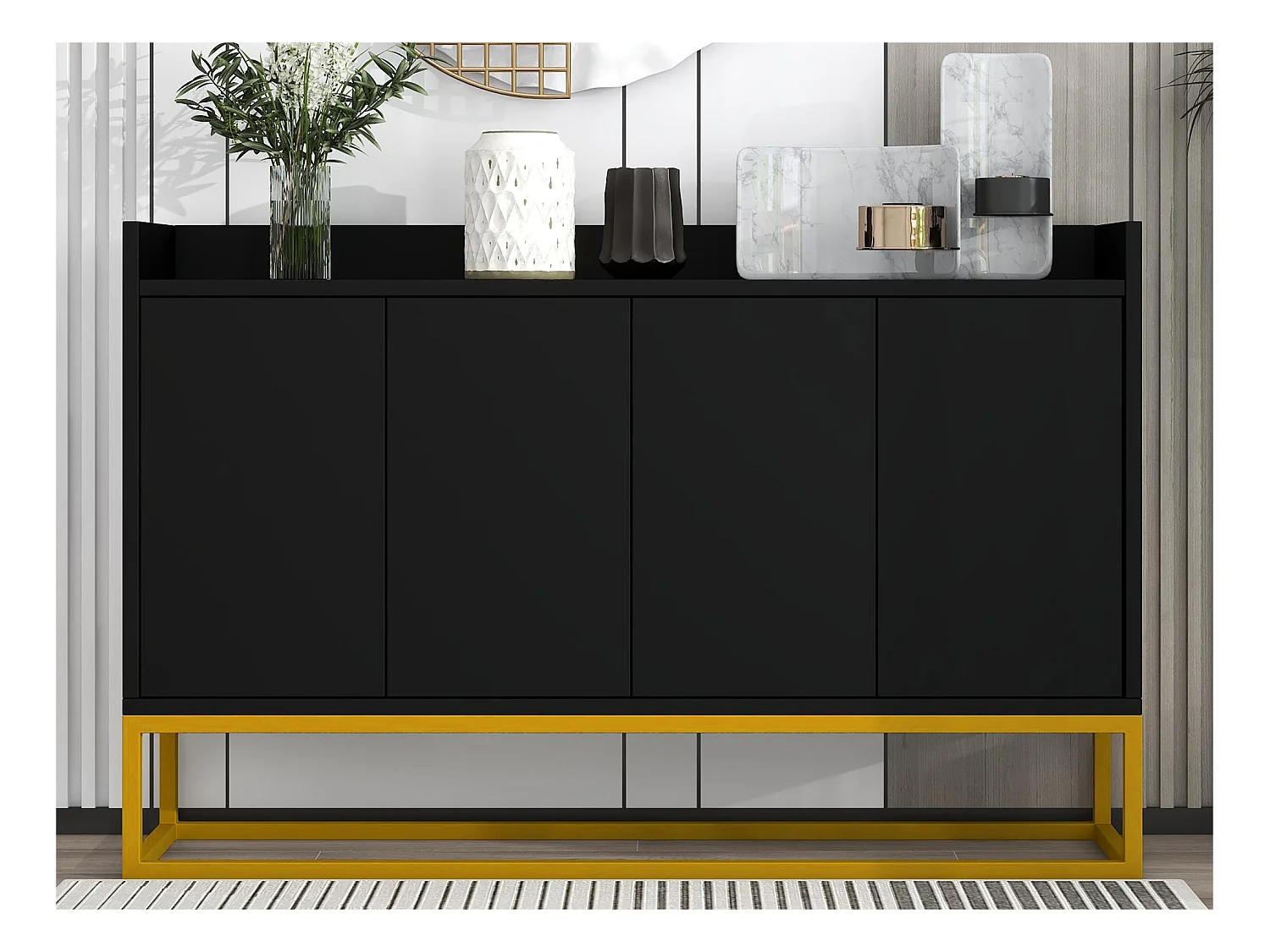 Buffet avec 4 portes sans poignée - style contemporain - bois + métal - noir