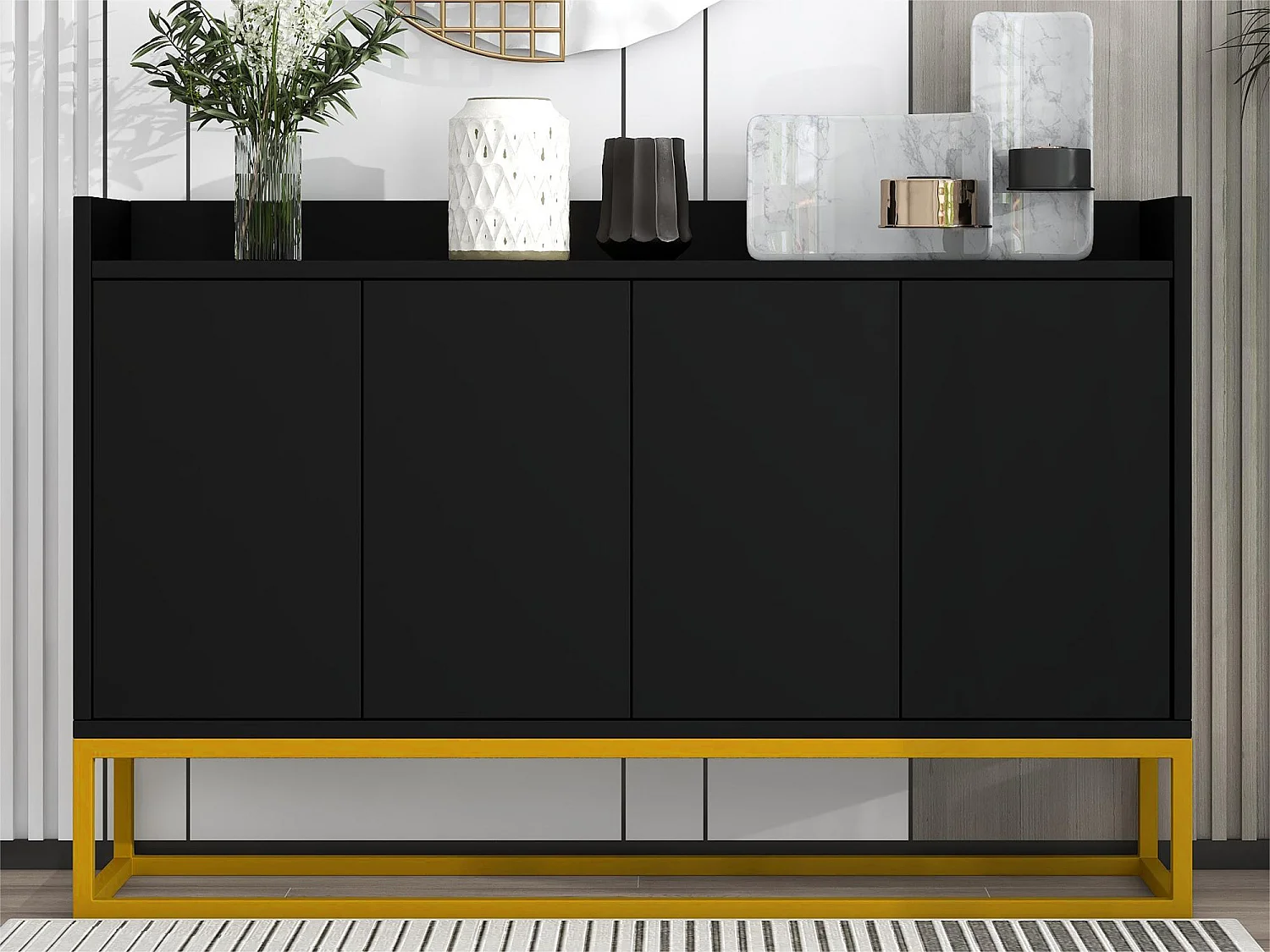 Buffet avec 4 portes sans poignée - style contemporain - bois + métal - noir