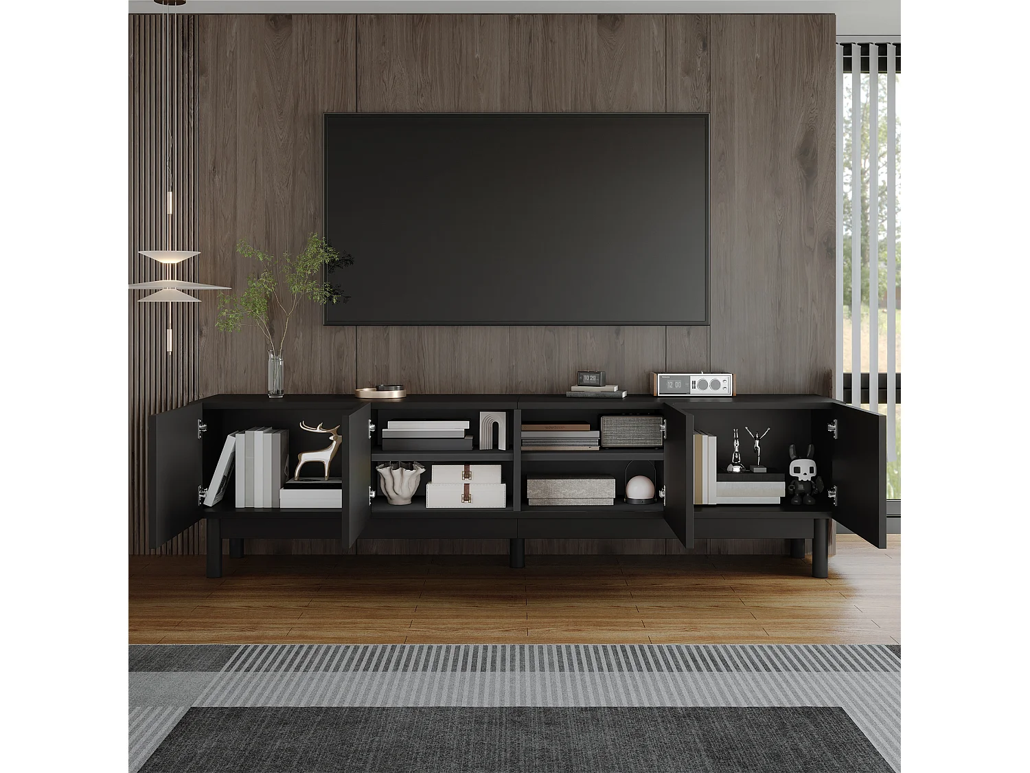 Buffet avec 4 portes sans poignée - style contemporain - bois + métal - noir