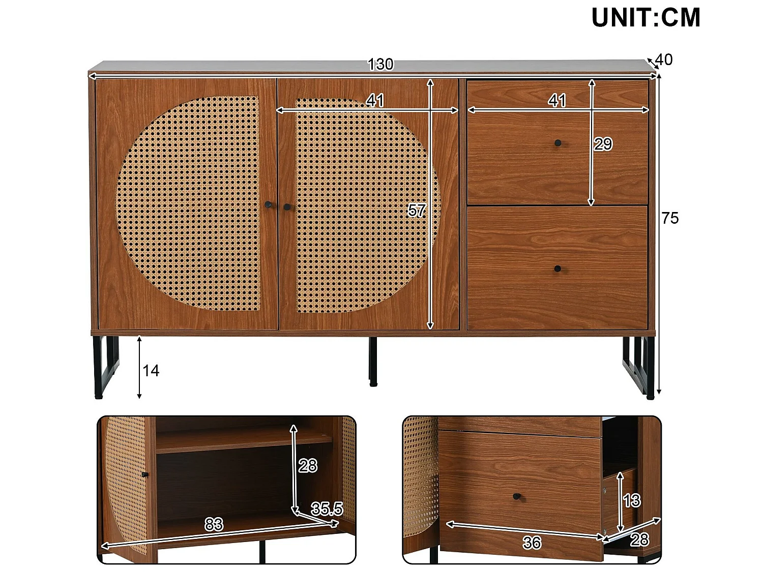 Buffet bas - 2 portes et 2 tiroirs - Naturel foncé