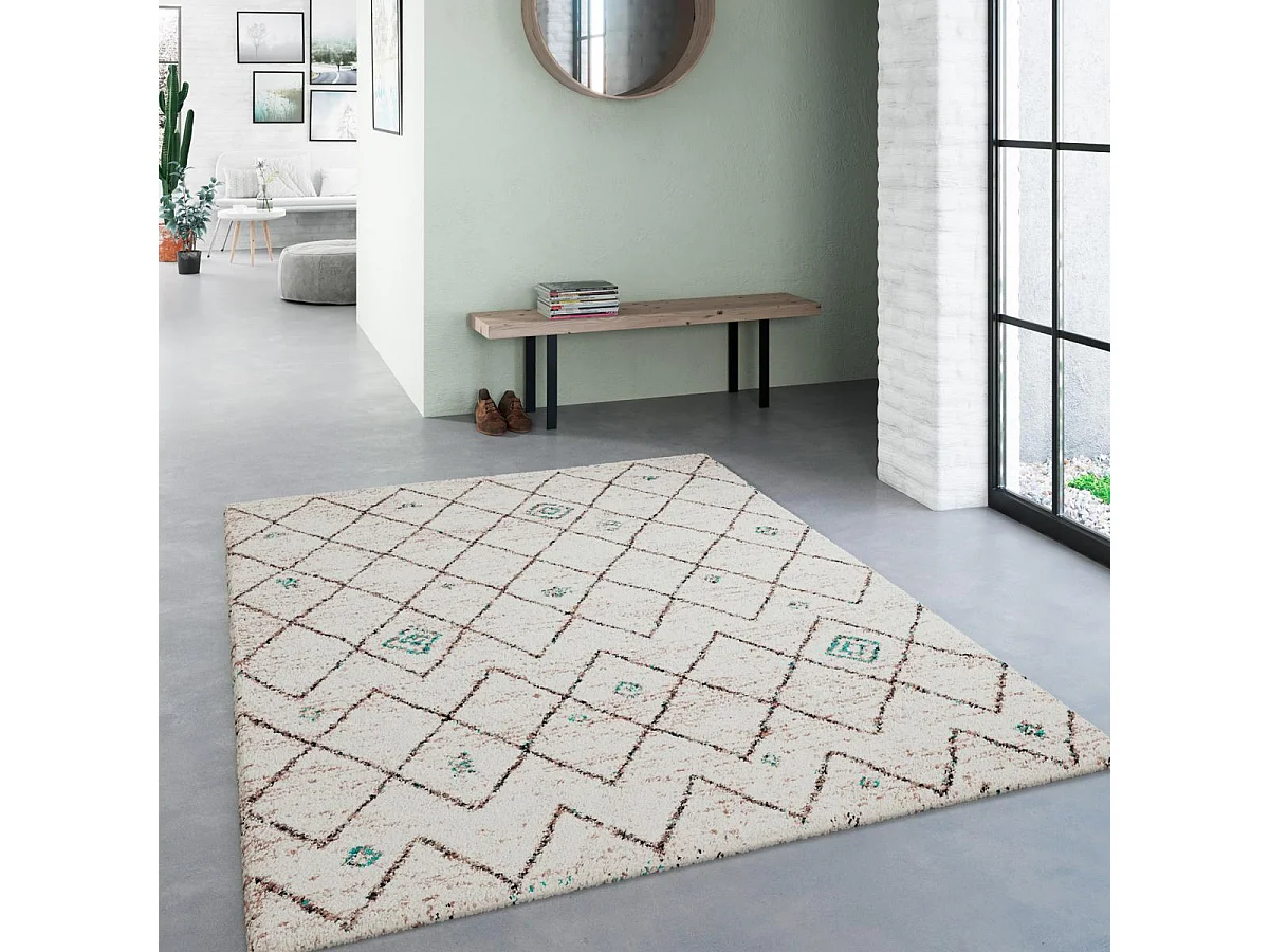 Tapis shaggy 160x230 rectangle tissé crème et bleu motif berbère AMORE 2