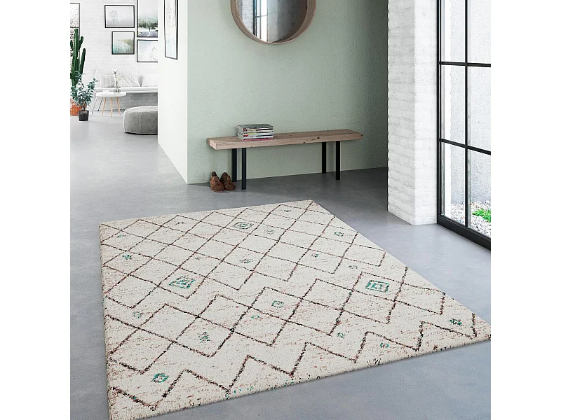 Tapis shaggy 160x230 rectangle tissé crème et bleu motif berbère AMORE 2