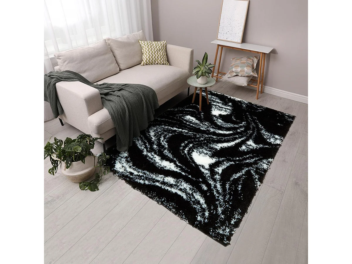 Tapis shaggy 80x150 rectangle tissé noir et blanc motif abstrait EMBER 3