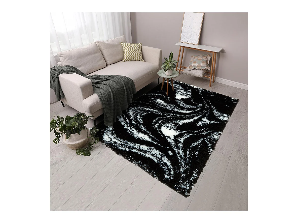 Tapis shaggy 80x150 rectangle tissé noir et blanc motif abstrait EMBER 3