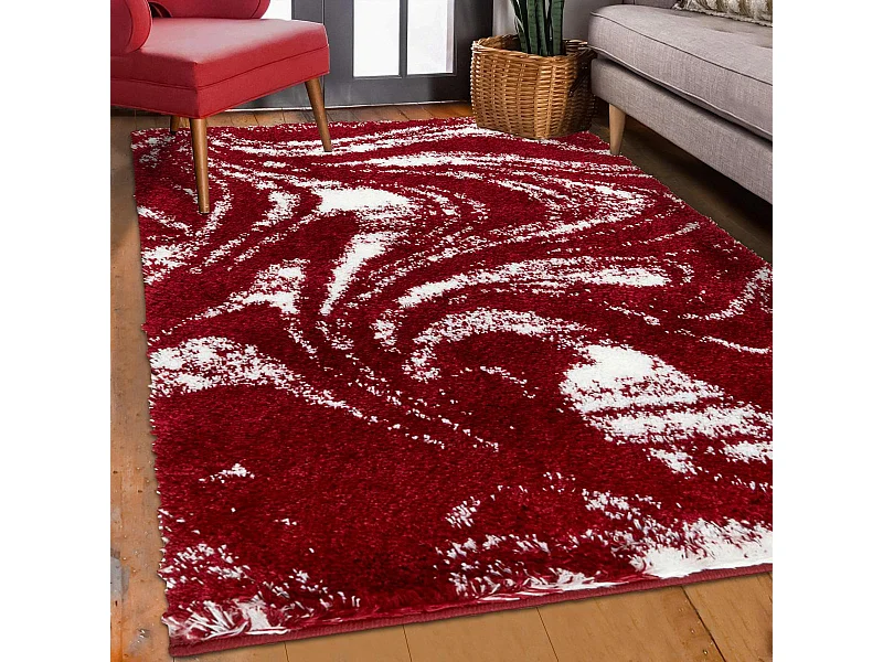 Tapis shaggy 80x300 rectangle tissé rouge et blanc motif abstrait EMBER 3