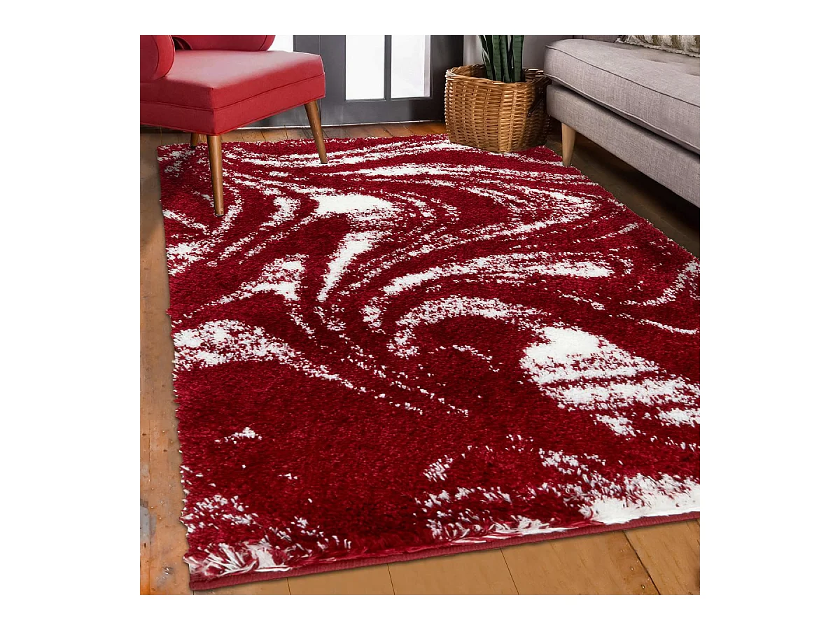 Tapis shaggy 80x300 rectangle tissé rouge et blanc motif abstrait EMBER 3