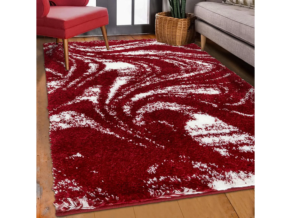 Tapis shaggy 80x300 rectangle tissé rouge et blanc motif abstrait EMBER 3