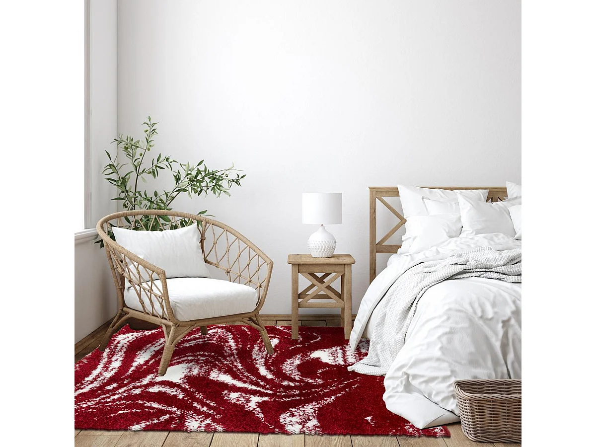 Tapis shaggy 80x300 rectangle tissé rouge et blanc motif abstrait EMBER 3