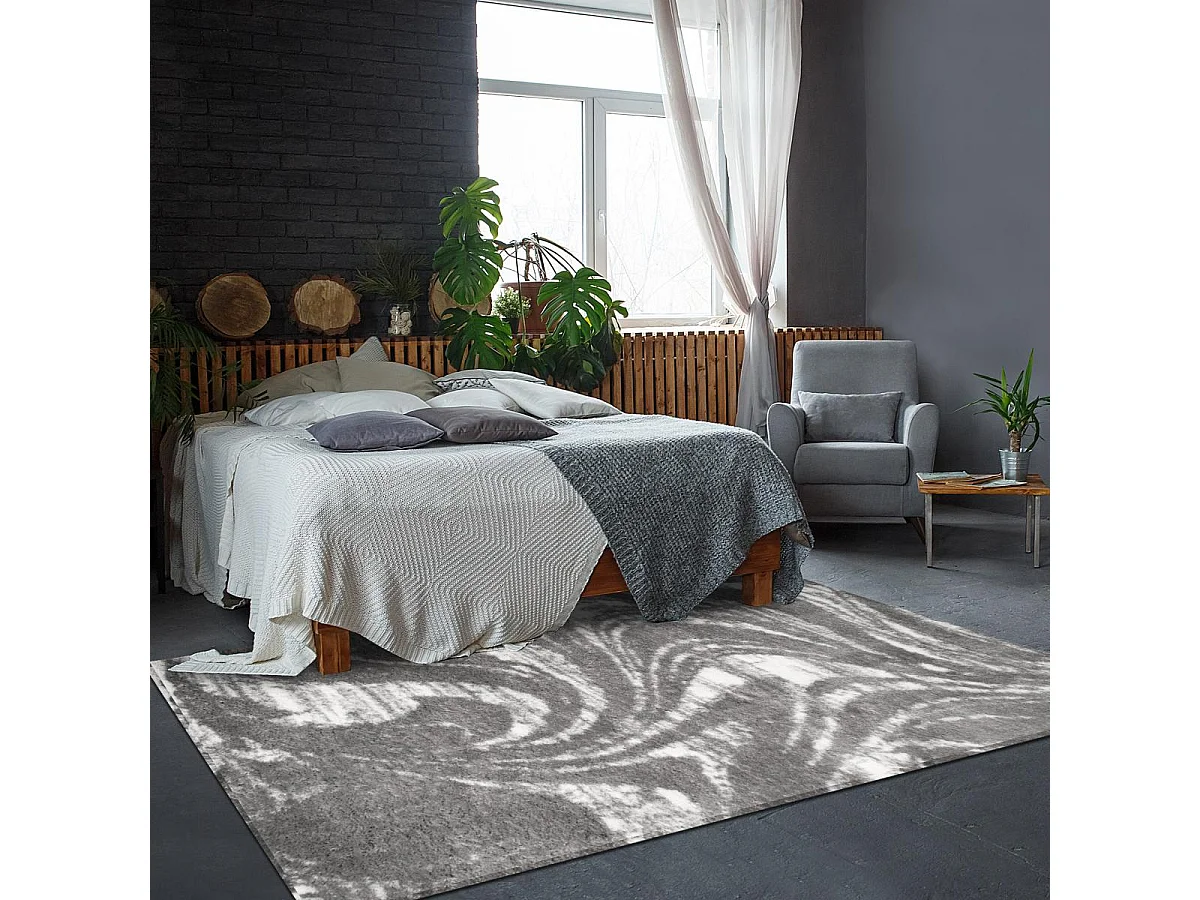 Tapis shaggy 80x300 rectangle tissé gris et blanc motif abstrait EMBER 3