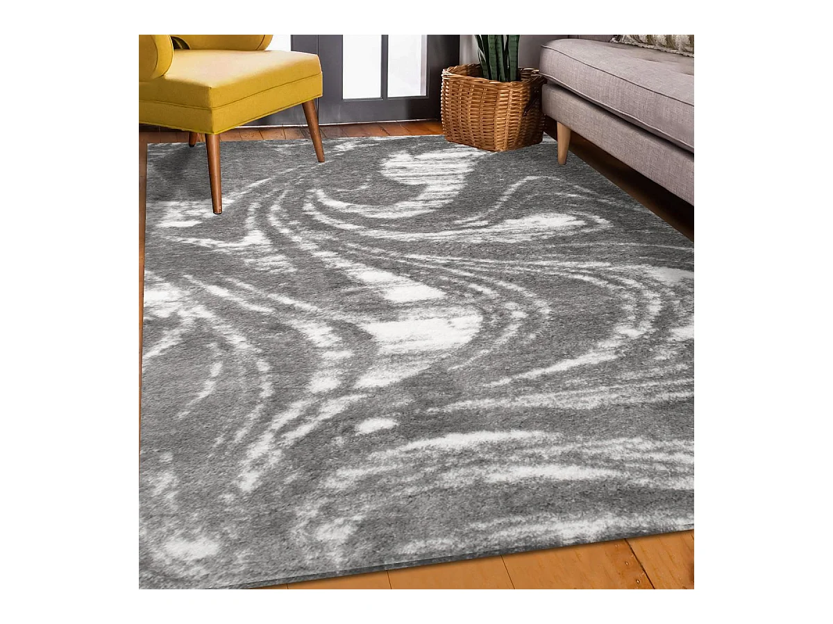 Tapis shaggy 80x300 rectangle tissé gris et blanc motif abstrait EMBER 3