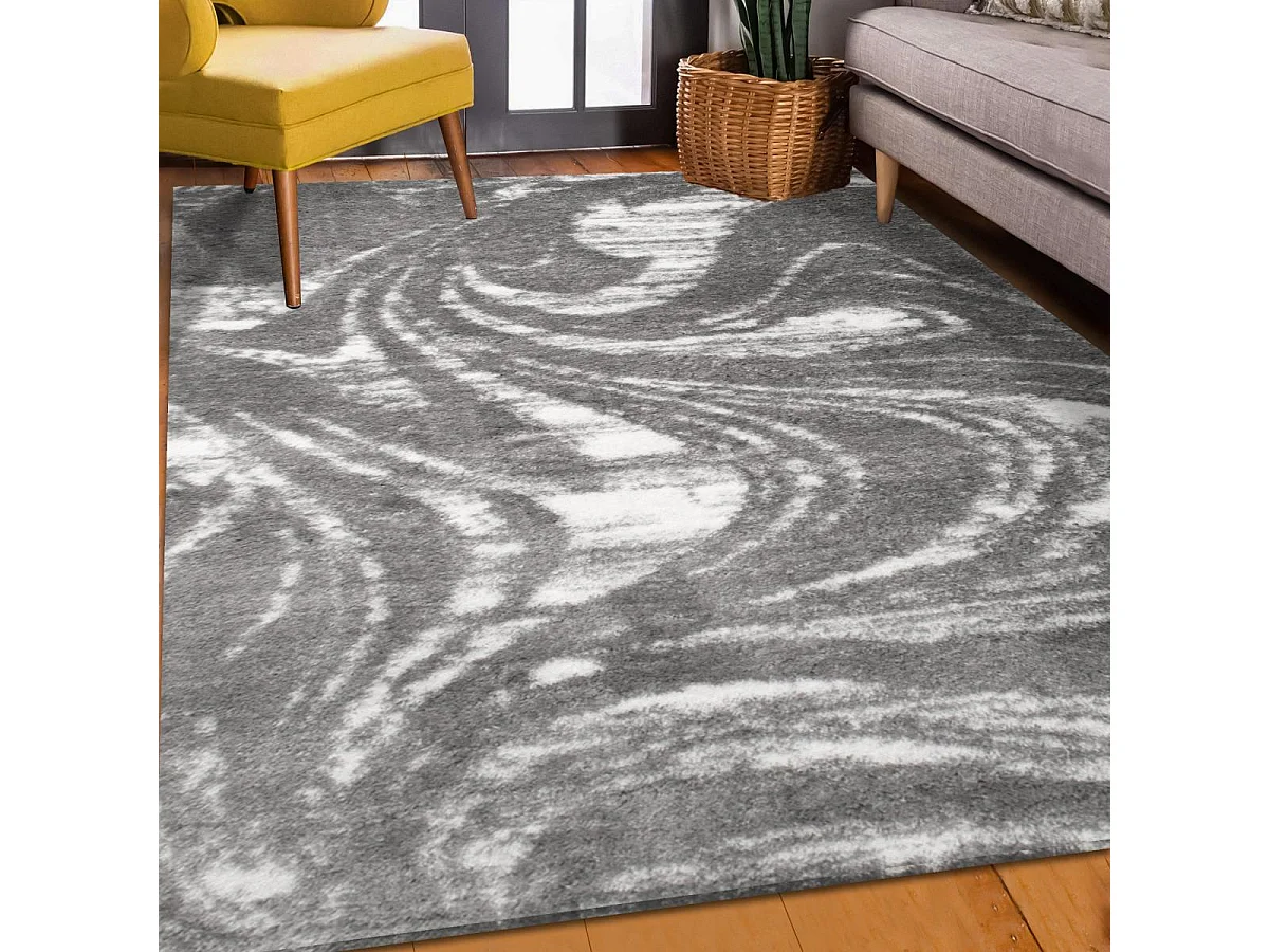 Tapis shaggy 80x300 rectangle tissé gris et blanc motif abstrait EMBER 3