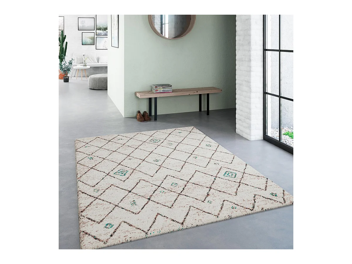Tapis shaggy 200x290 rectangle tissé crème et bleu motif berbère AMORE 2
