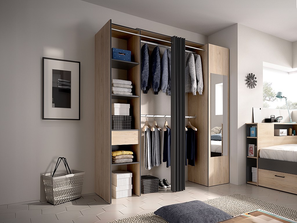 Kleiderschrank mit Vorhang & 1 Tür + Spiegel - 177 cm - Holzfarben & Anthrazit - BERTRAND