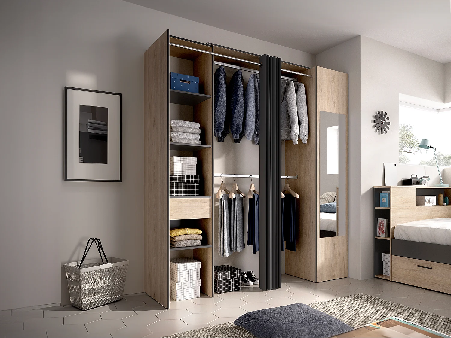 Kleiderschrank mit Vorhang & 1 Tür + Spiegel - 177 cm - Holzfarben & Anthrazit - BERTRAND