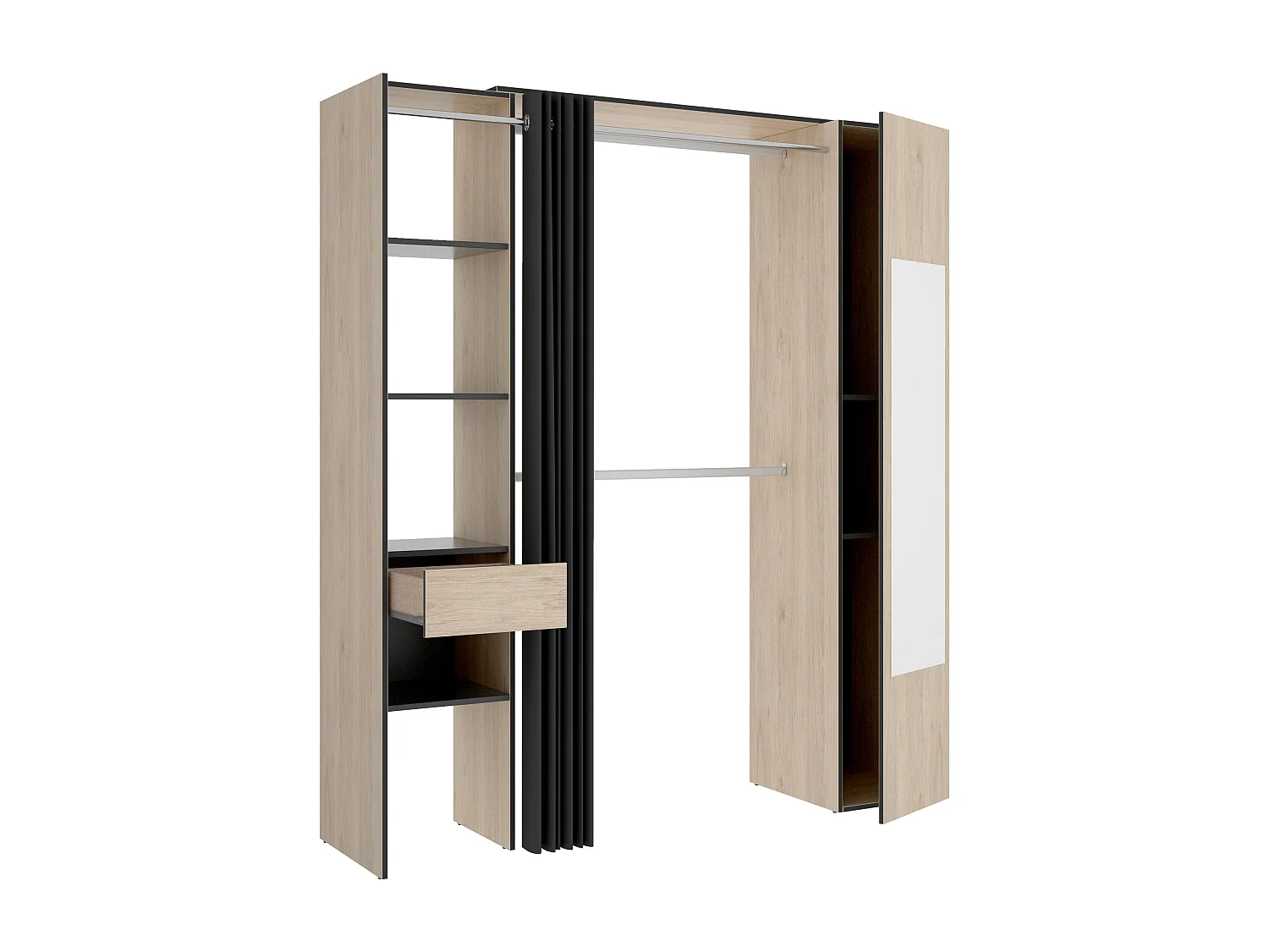 Dressing avec rideau et 1 porte - Avec miroir - L177 cm - Coloris : Naturel et anthracite - BERTRAND