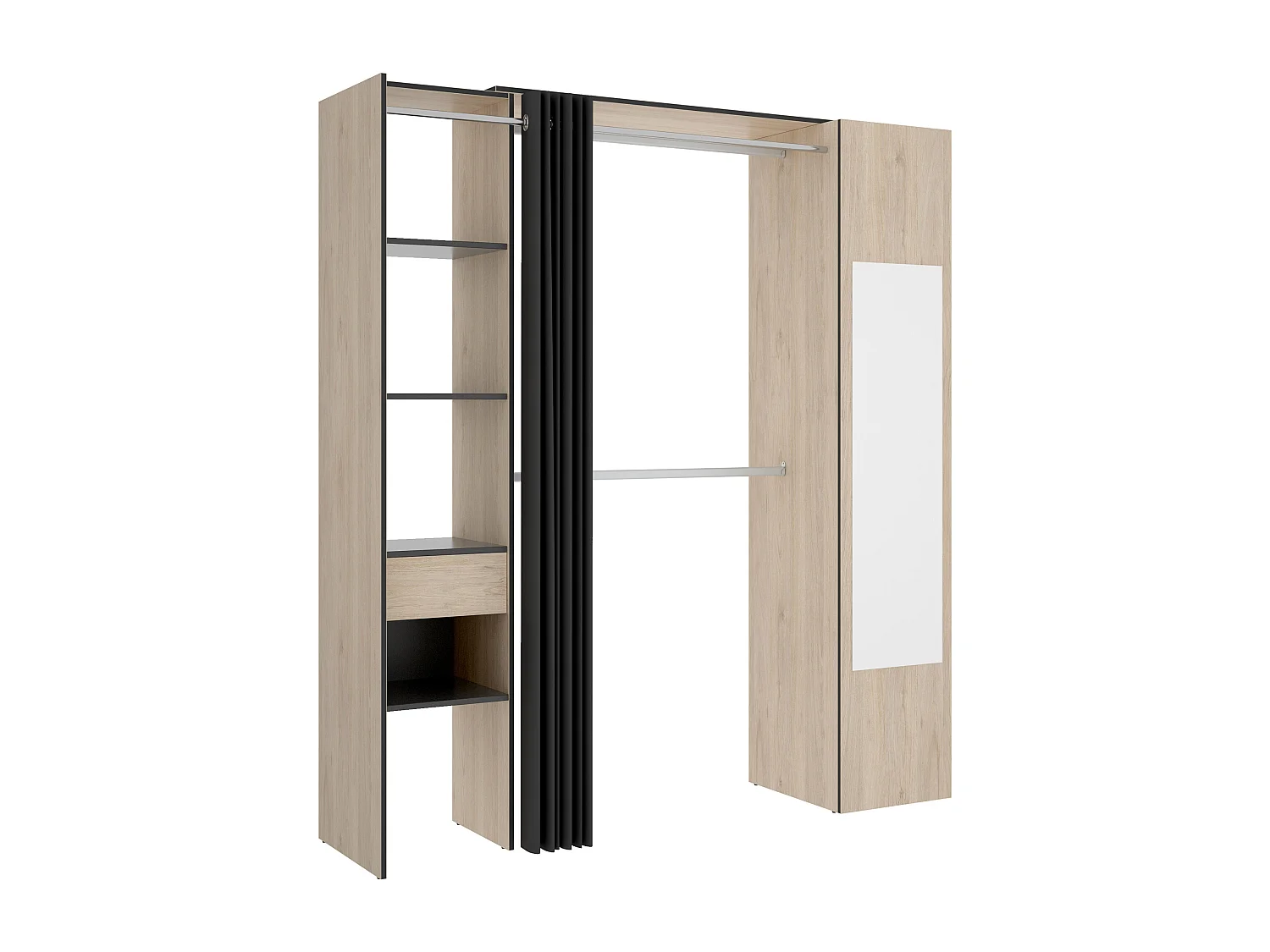 Dressing avec rideau et 1 porte - Avec miroir - L177 cm - Coloris : Naturel et anthracite - BERTRAND