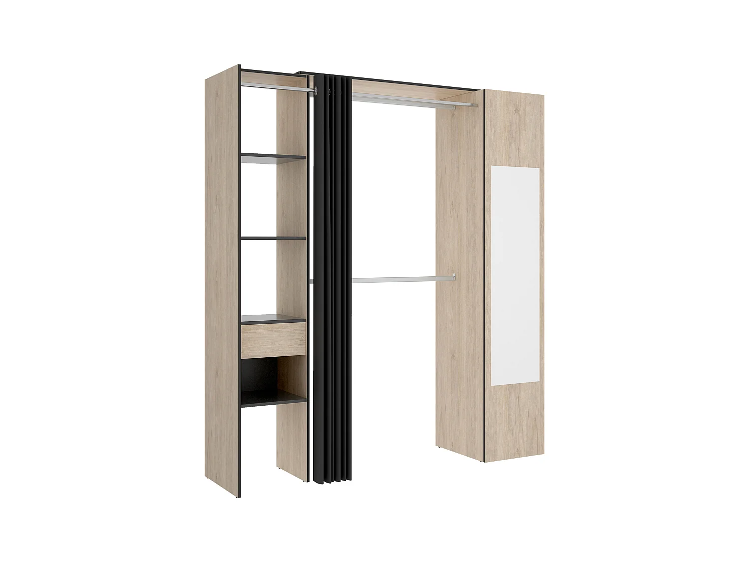 Garderoba z zasłoną i 1 drzwiami - Z lustrem - szer. 177 cm - Kolor: Naturalny i antracytowy - BERTRAND