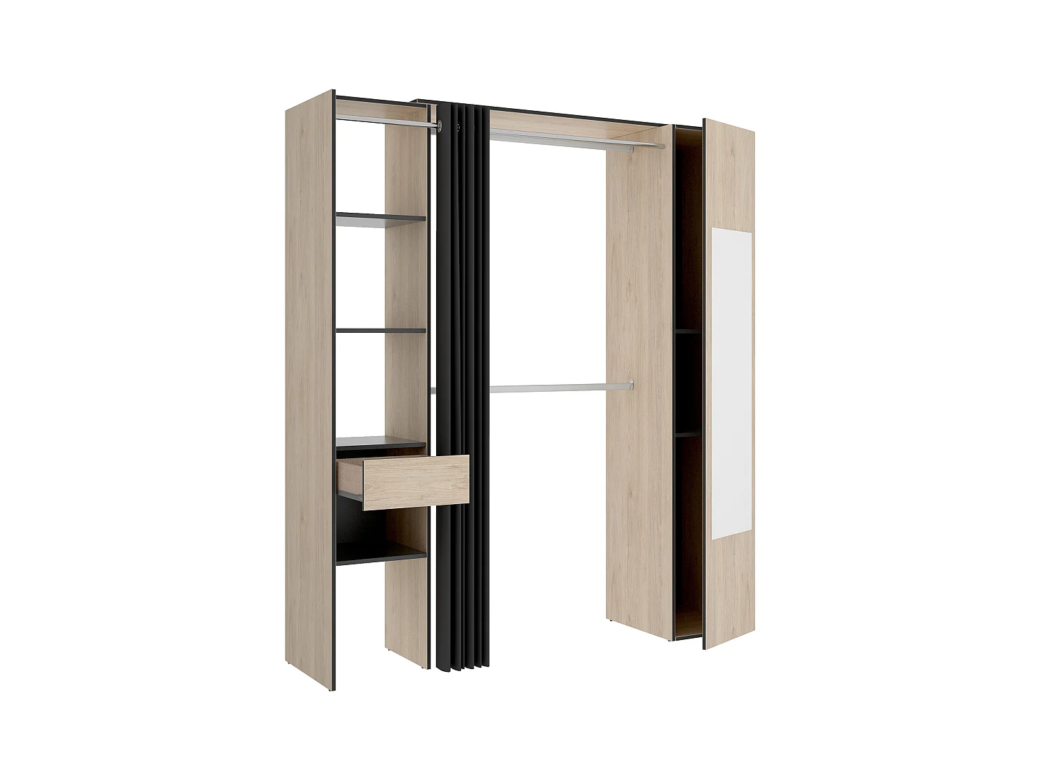 Garderoba z zasłoną i 1 drzwiami - Z lustrem - szer. 177 cm - Kolor: Naturalny i antracytowy - BERTRAND