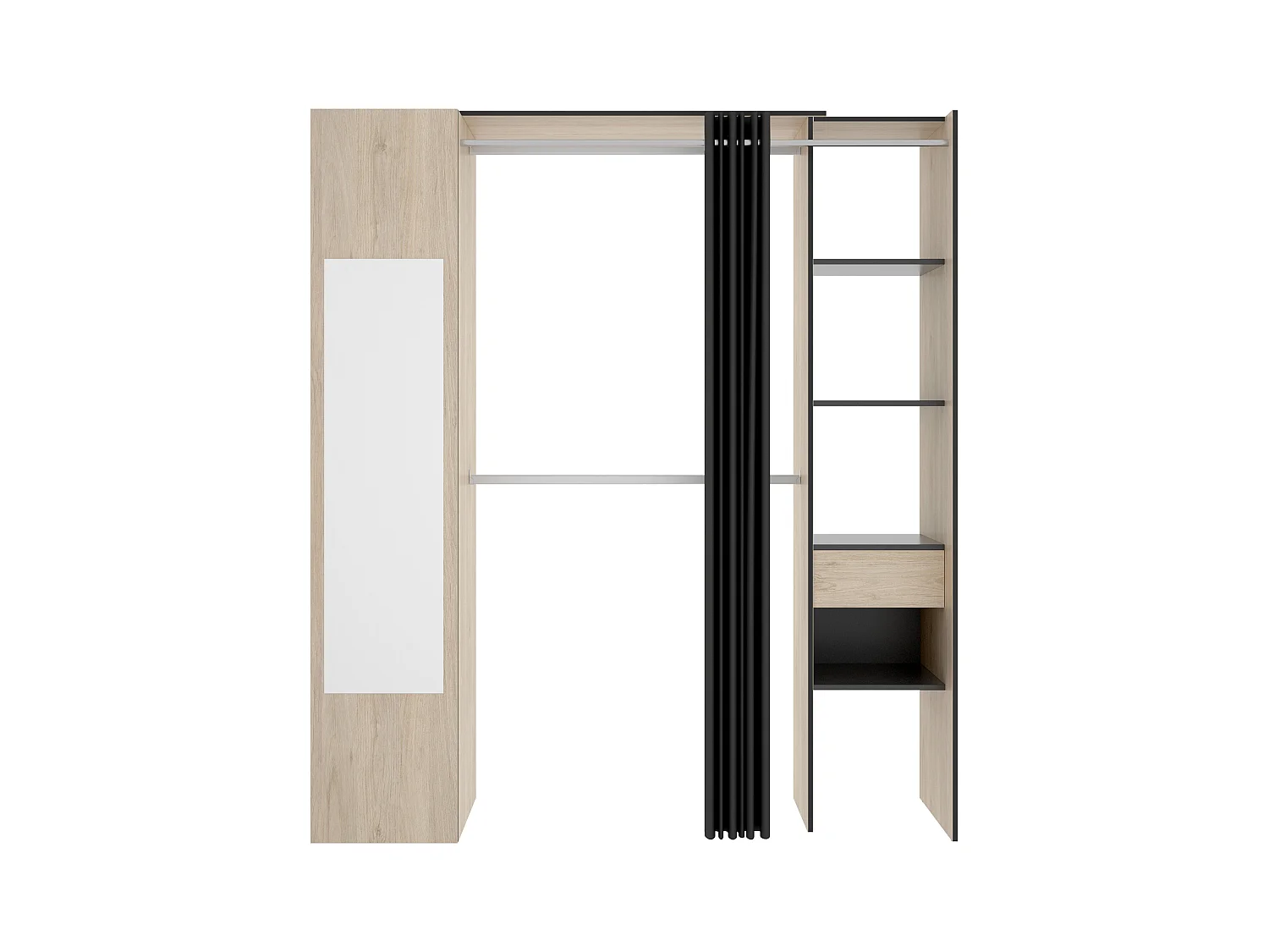 Garderoba z zasłoną i 1 drzwiami - Z lustrem - szer. 177 cm - Kolor: Naturalny i antracytowy - BERTRAND