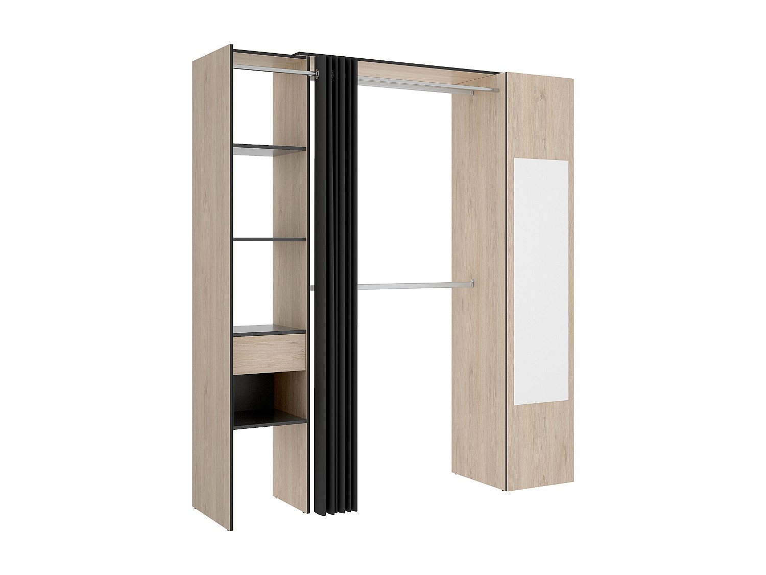 Kleiderschrank mit Vorhang & 1 Tür + Spiegel - 177 cm - Holzfarben & Anthra günstig online kaufen