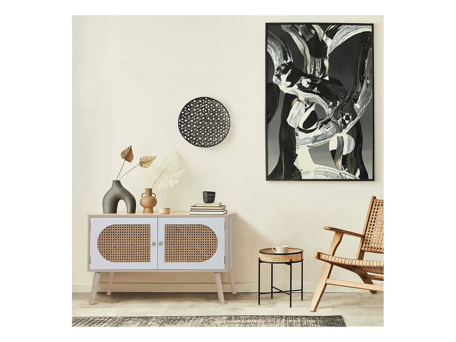 Meuble de Salon Buffet en Bois 2 Portes Blanc Marron Style Scandinave