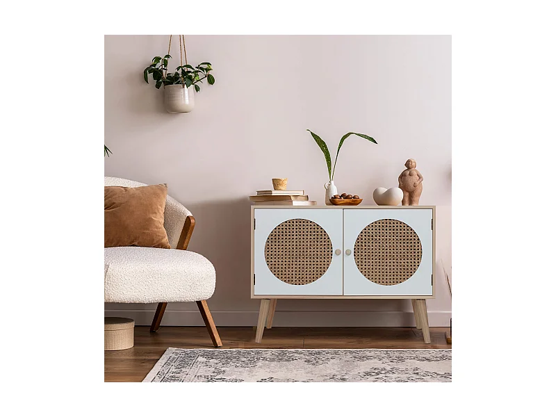 Meuble TV Bas Buffet Polyvalent avec 2 Portes en Bois Blanc Marron