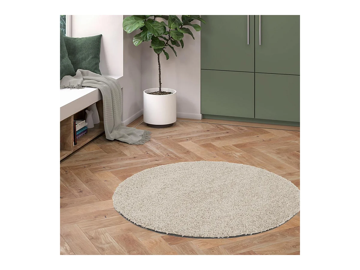 tapis salon Ø120cm tissé beige rond motif uni ALEGRIA