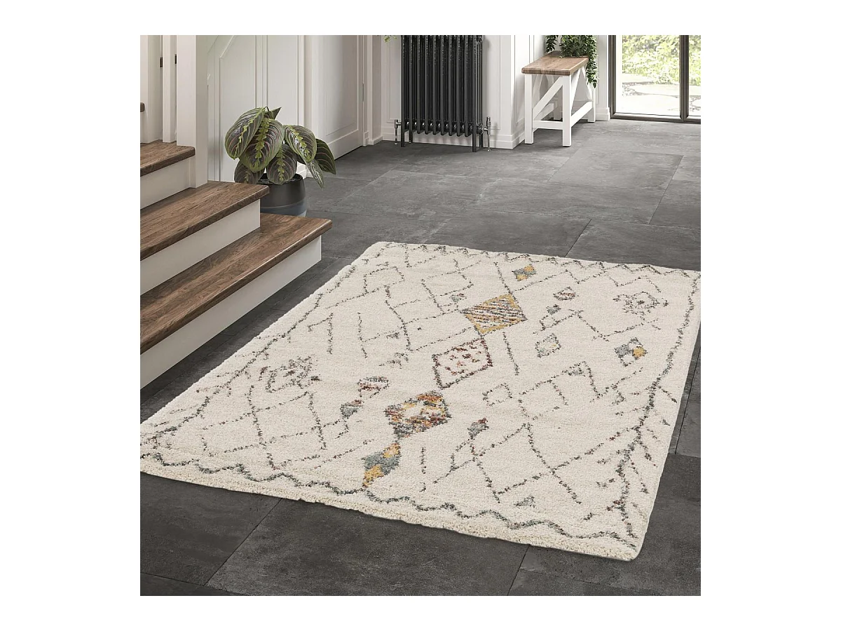 Tapis shaggy 160x230 rectangle tissé crème et beige motif berbère AURORA 1
