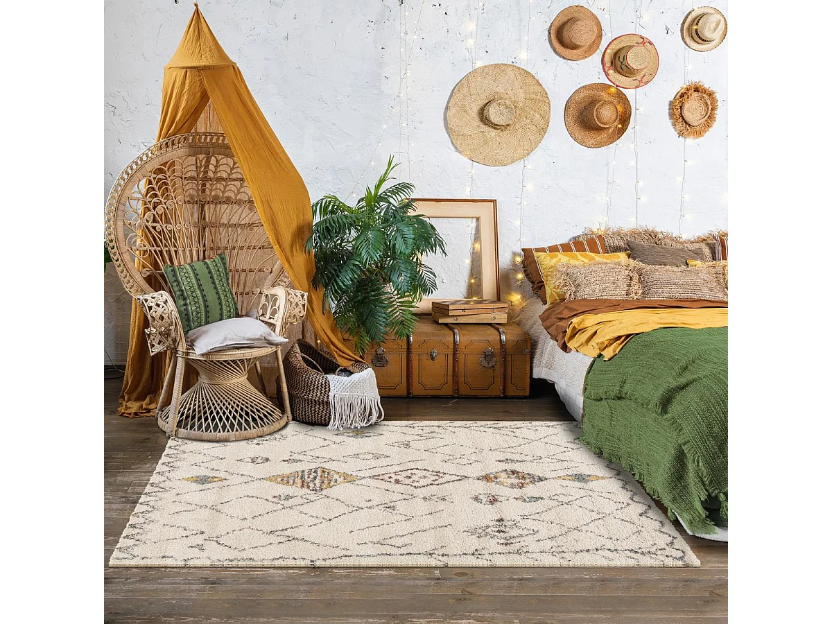 Tappeto Shaggy 160x230 rettangolo tessuto color crema e beige motivo berbero AURORA 1