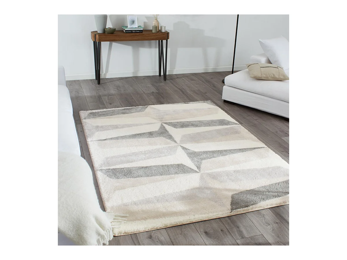 tapis chambre 120x160 tissé gris et blanc rectangle motif géométrique NUEVO
