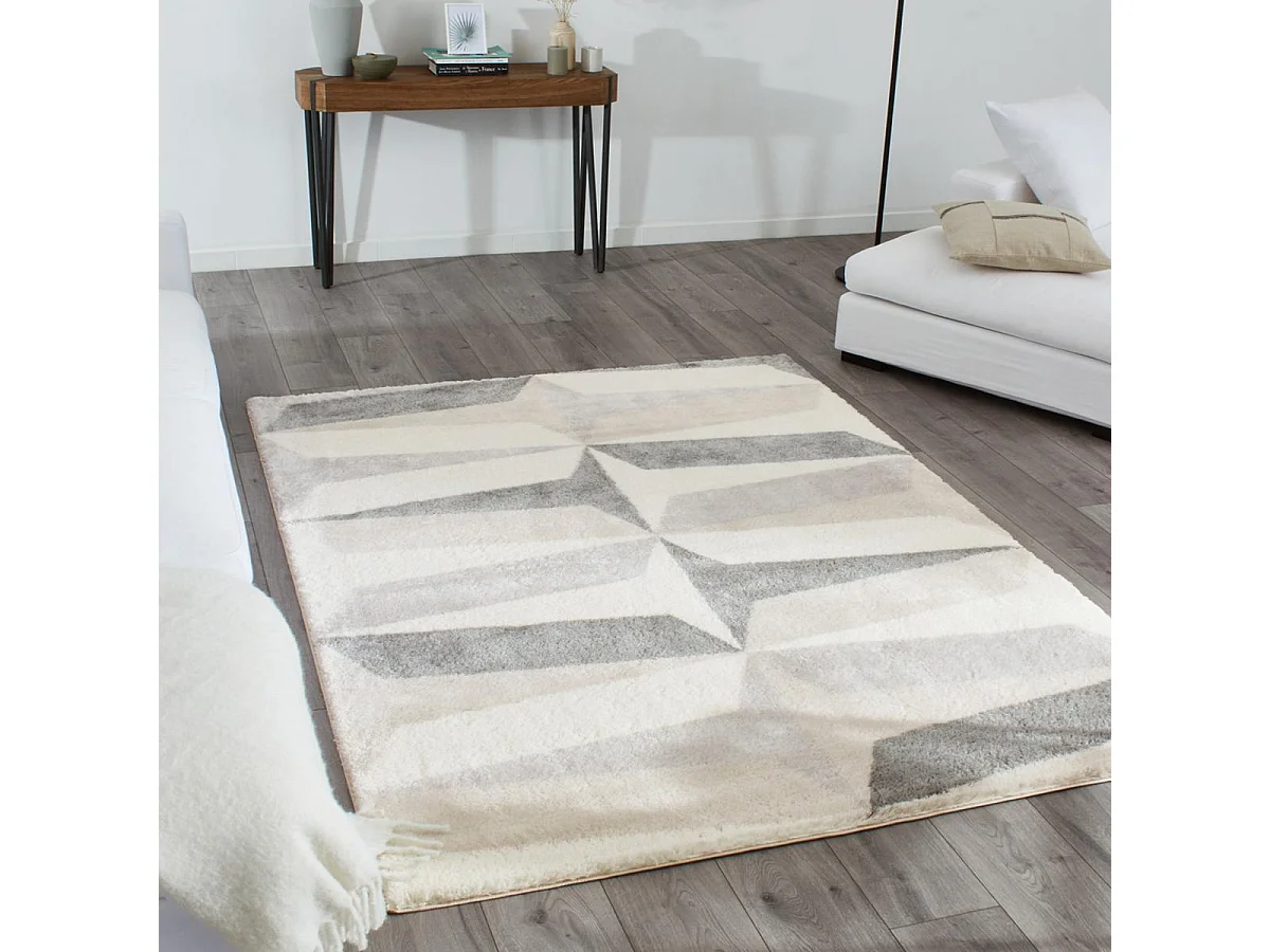 tapis chambre 120x160 tissé gris et blanc rectangle motif géométrique NUEVO