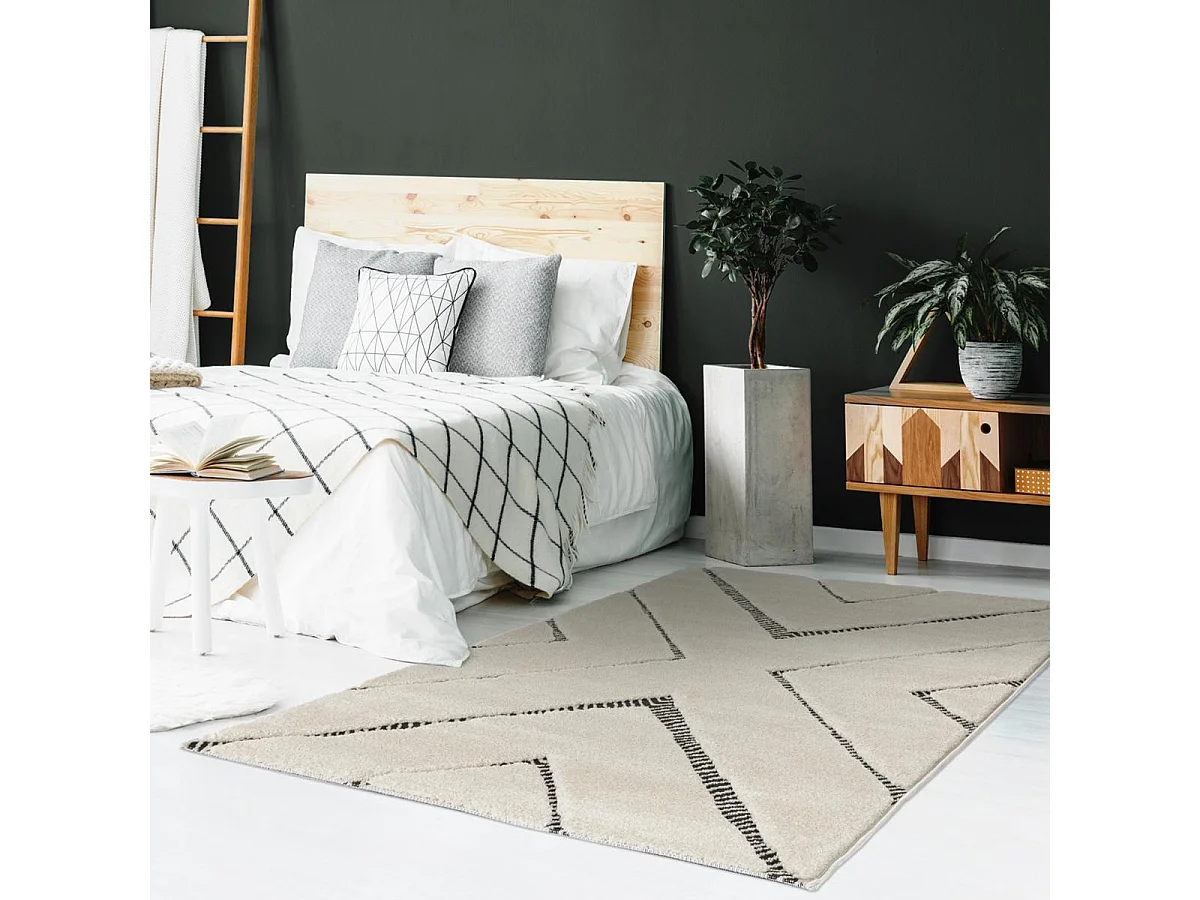 tapis salle à manger 160x230 tissé bleu et crème rectangle motif géométrique