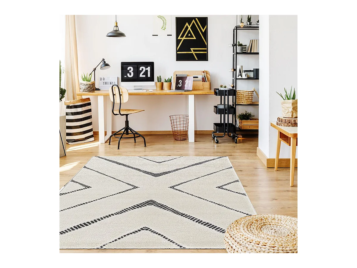 tapis salle à manger 160x230 tissé bleu et crème rectangle motif géométrique