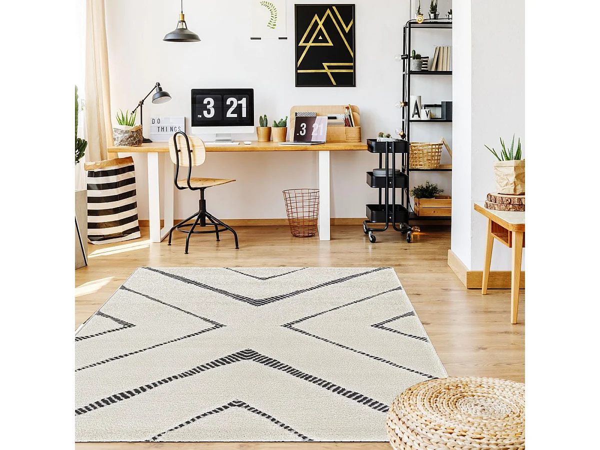 tapis salle à manger 160x230 tissé bleu et crème rectangle motif géométrique