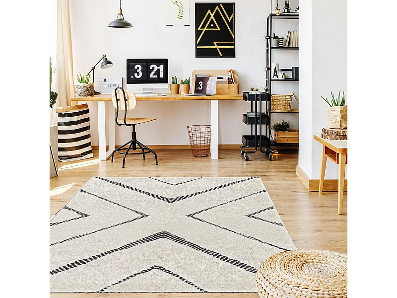 tapis salle à manger 160x230 tissé bleu et crème rectangle motif géométrique