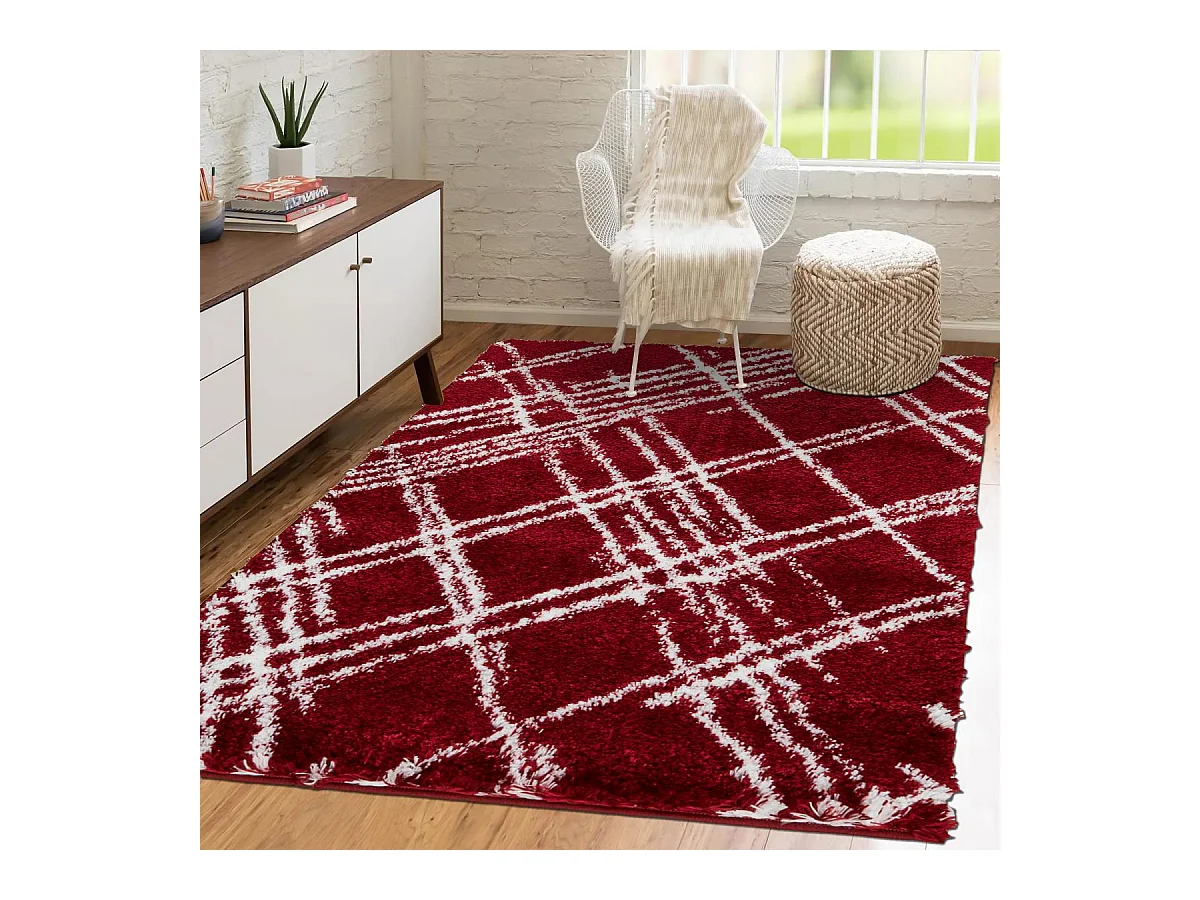 Tapis shaggy 200x290 rectangle tissé rouge et blanc motif géométrique EMBER 1