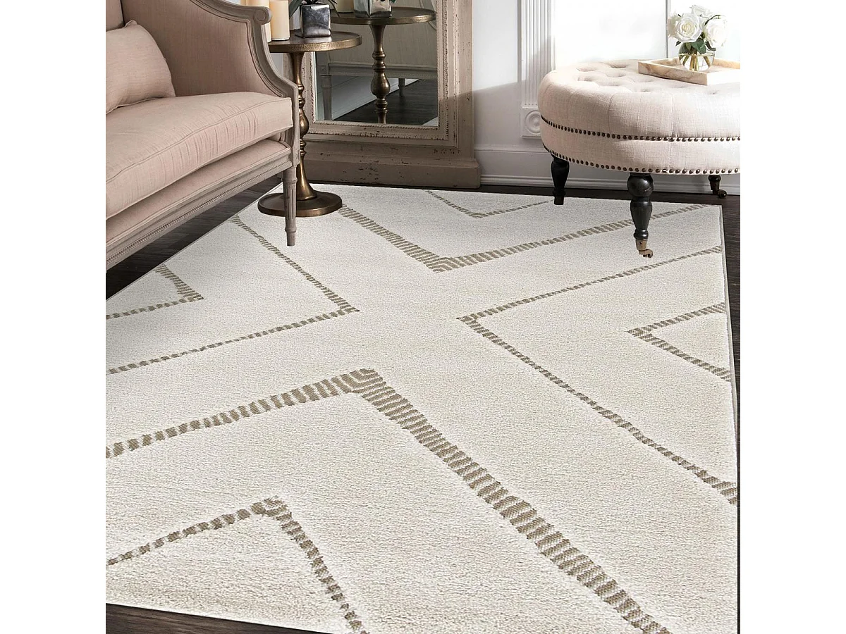 tapis grand salon 200x290 tissé crème et gris rectangle motif géométrique ALATER
