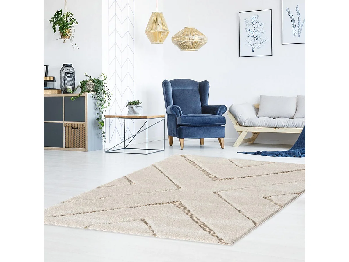 tapis grand salon 200x290 tissé crème et gris rectangle motif géométrique ALATER