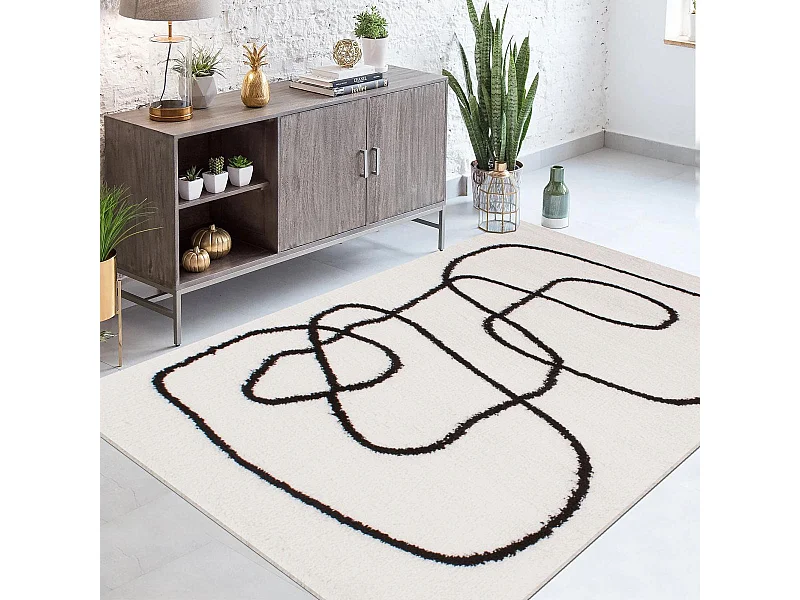 Tapis longs poils shaggy 80x150 rectangle tissé blanc et noir