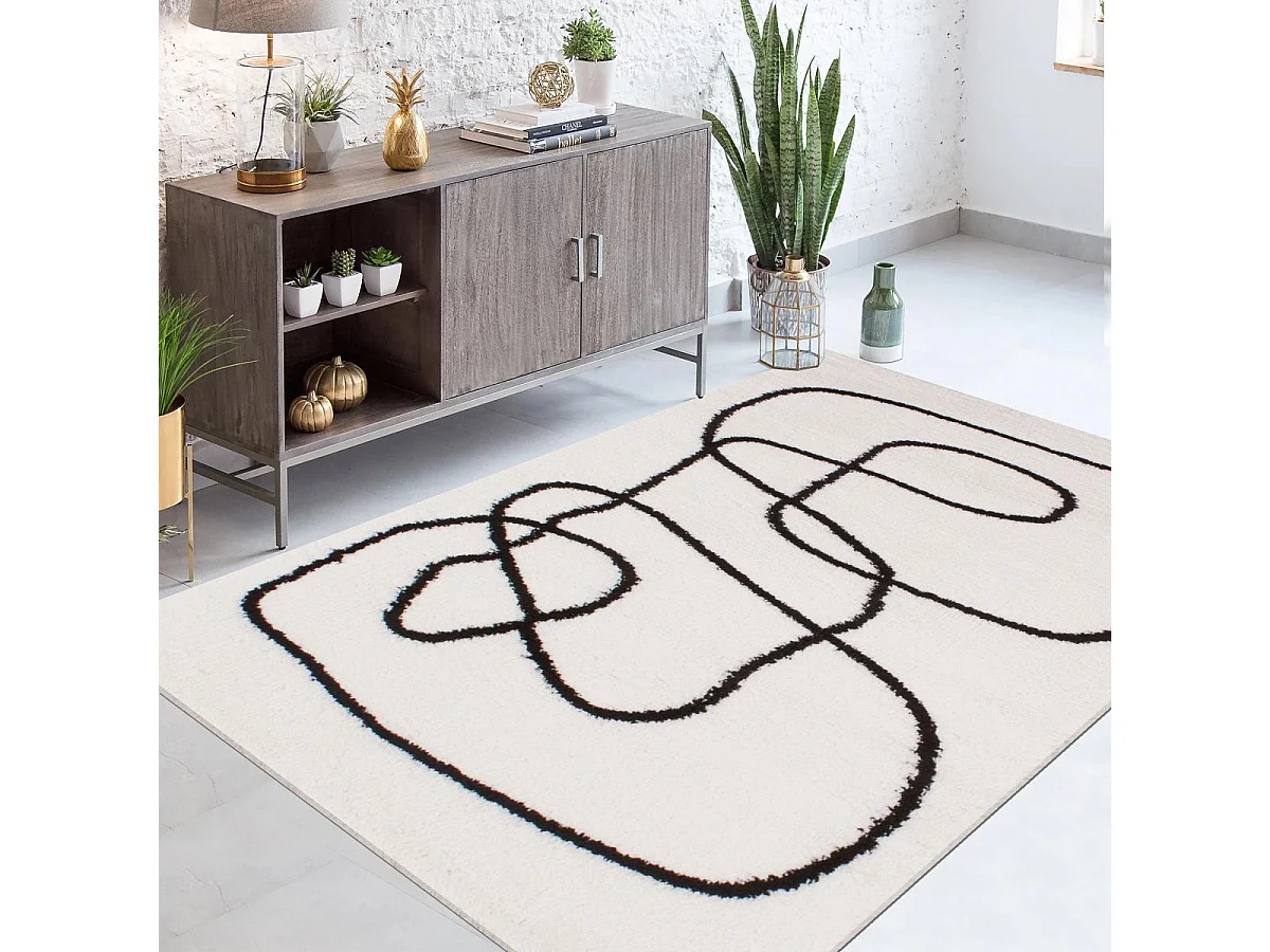 Tapis longs poils shaggy 80x150 rectangle tissé blanc et noir